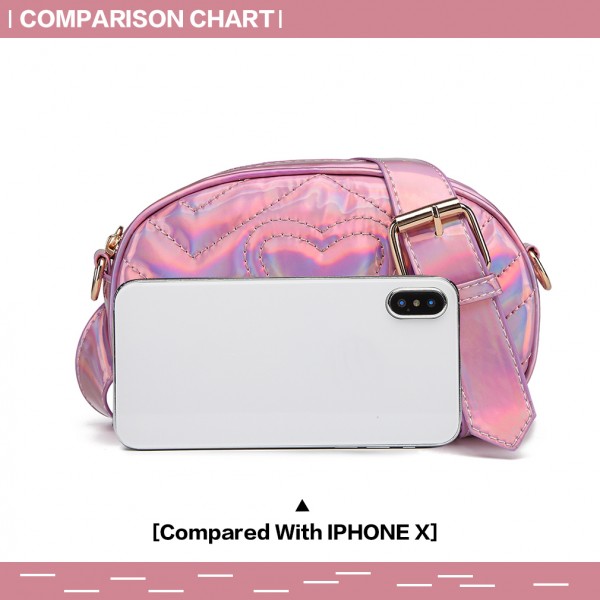 LH6834 - Miss Lulu Quilted Heart and Chevron Cross Body and Bum Bag - Iridescent Pink